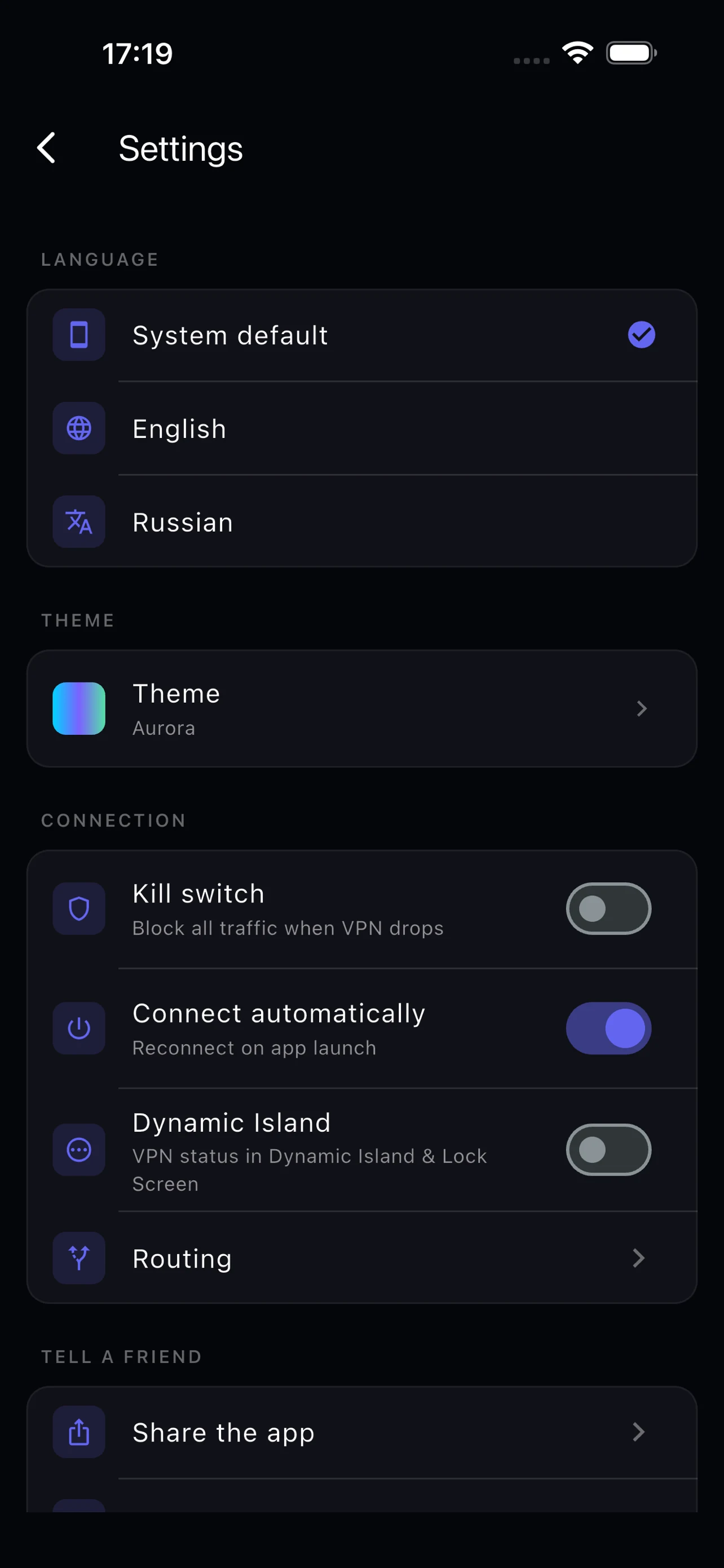 Wisp — Settings: kill switch, auto-connect