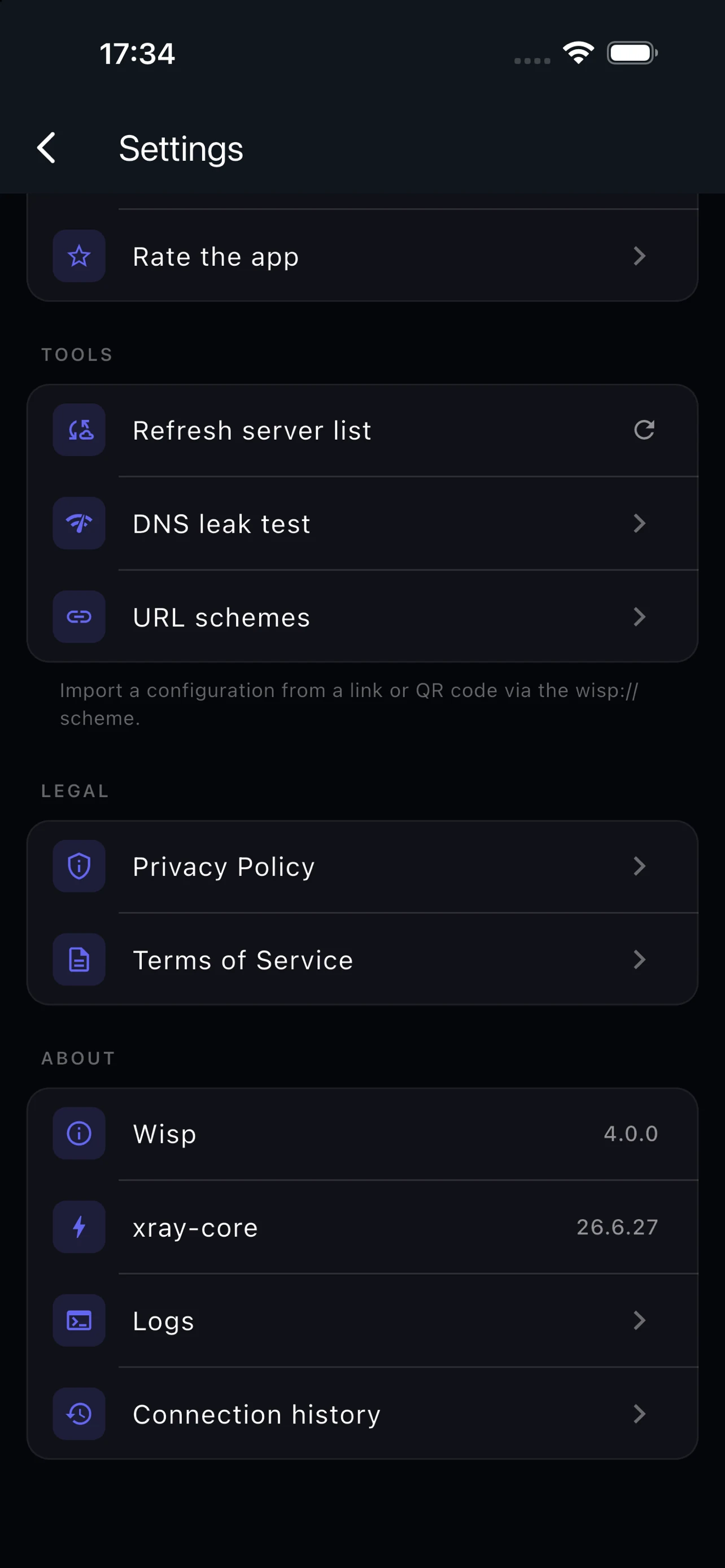 Wisp — Tools: DNS leak test, URL schemes